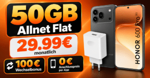 Honor 600 Pro & Supercharge Power Adapter für einmalig 139€ mit 50GB Allnet Flat und 100€ Wechselbonus nur 29.99€ monatlich