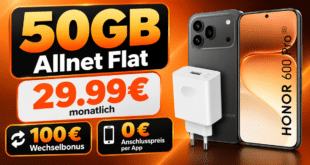 Honor 600 Pro & Supercharge Power Adapter für einmalig 139€ mit 50GB Allnet Flat und 100€ Wechselbonus nur 29.99€ monatlich