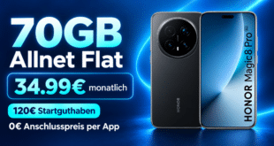 Honor Magic8 Pro für einmalig 99€ mit 70GB Allnet Flatrate und 120€ Startguthaben nur 34.99€ monatlich