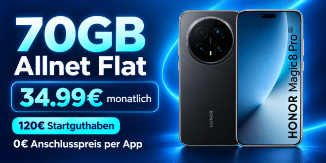 Honor Magic8 Pro für einmalig 99€ mit 70GB Allnet Flatrate und 120€ Startguthaben nur 34.99€ monatlich