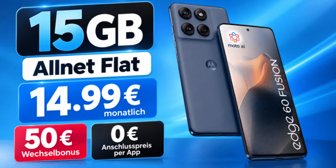 Motorola Edge 60 Fusion für einmalig 39€ mit 50GB Allnet Flat & 50€ Wechselbonus nur 14.99€ monatlich