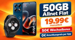Motorola Edge 70 Pro & Motorola Moto Watch mit 50GB Allnet Flat & 50€ Wechselbonus nur 19.99€ monatlich
