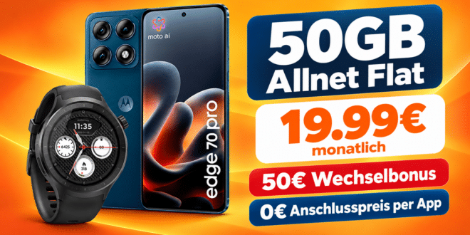 Motorola Edge 70 Pro & Motorola Moto Watch mit 50GB Allnet Flat & 50€ Wechselbonus nur 19.99€ monatlich