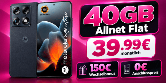 Motorola Signature 512GB für einmalig 48€ mit 40GB Allnet Flat und 150€ Wechselbonus nur 39.99€ monatlich
