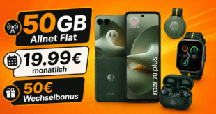 Motorola razr 70 plus & Moto Buds Loop & Moto Watch & Moto Tag für einmalig 100€ mit 50GB Allnet Flat und 50€ Wechselbonus nur 19.99€ monatlich