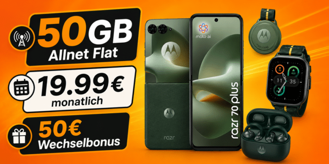 Motorola razr 70 plus & Moto Buds Loop & Moto Watch & Moto Tag für einmalig 100€ mit 50GB Allnet Flat und 50€ Wechselbonus nur 19.99€ monatlich