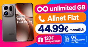 OPPO Find X9 Pro für einmalig 289€ mit unlimited GB Allnet Flat & 120€ Startguthaben nur 44.99€ monatlich