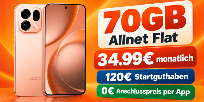 OPPO Find X9s 512GB für einmalig 139€ mit 70GB Allnet Flat & 120€ Startguthaben nur 34.99€ monatlich