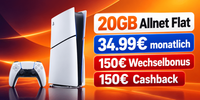 PS5 PlayStation 5 Slim - Digital Edition mit 20GB Allnet Flat & 150€ Wechselbonus & 150€ Cashback für 34.99€ monatlich