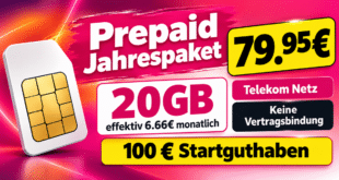 Prepaid Jahrespaket für 79.95€ - 20GB Allnet Flat im Telekom Netz monatlich für effektiv nur 6.66€
