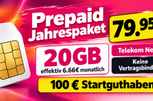 Prepaid Jahrespaket für 79.95€ - 20GB Allnet Flat im Telekom Netz monatlich für effektiv nur 6.66€
