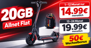 Red Bull E-Scooter & Red Bull Lautsprecher mit 20GB Allnet Flat nur 19.99€ monatlich - 12 Monate lang nur 14.99€ monatlich