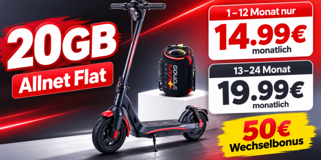 Red Bull E-Scooter & Red Bull Lautsprecher mit 20GB Allnet Flat nur 19.99€ monatlich - 12 Monate lang nur 14.99€ monatlich