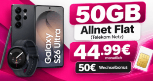 Samsung Galaxy S26 Ultra & Galaxy Watch9 für einmalig 199€ mit 50GB Allnet Flat & 50€ Wechselbonus nur 44.99€ monatlich