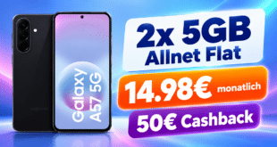 Samsung Galaxy A57 256GB für einmalig 49€ mit 2x5GB Allnet Flat & 50€ Cashback nur 14.98€ monatlich