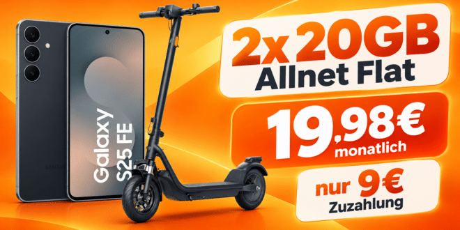 Samsung Galaxy S25 FE & Niu KQi 100F E-Scooter für einmalig 9€ mit 2x 20GB Allnet Flat nur 19.98€ monatlich
