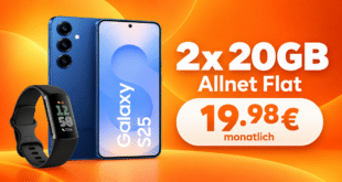 Samsung Galaxy S25 & Fitbit Charge 6 für einmalig 69€ mit 2x 20GB Allnet Flat nur 19.98€ monatlich