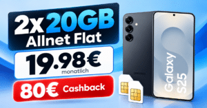Samsung Galaxy S25 für einmalig 49€ mit 2x 20GB Allnet Flatrate & 80€ Cashback für nur 19.98€ monatlich