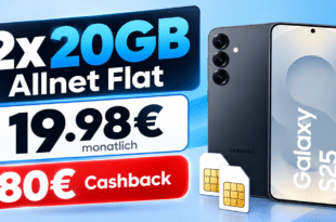 Samsung Galaxy S25 für einmalig 49€ mit 2x 20GB Allnet Flat & 80€ Cashback nur 19.98€ monatlich