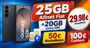 Samsung Galaxy S26 512GB für einmalig 189€ mit 25GB Allnet Flat (+ 20GB extra SIM) & 100€ Cashback nur 29.98€ monatlich