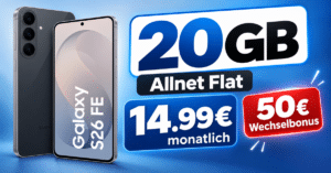 Samsung Galaxy S26 FE für einmalig 249€ mit 20GB Allnet Flat und 50€ Wechselbonus nur 14.99€ monatlich