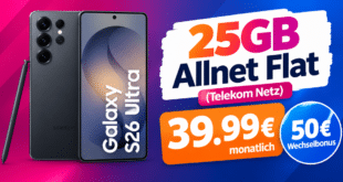 Samsung Galaxy S26 Ultra für einmalig 74€ (Einsendung Altgerät) mit 25GB Allnet Flat & 50€ Wechselbonus nur 39.99€ monatlich