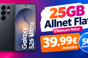 Samsung Galaxy S26 Ultra für einmalig 74€ (Einsendung Altgerät) mit 25GB Allnet Flat & 50€ Wechselbonus nur 39.99€ monatlich