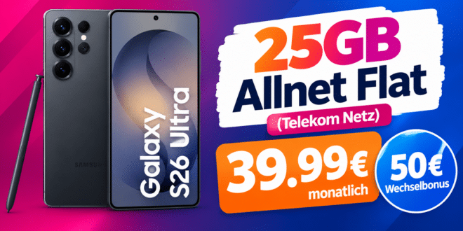 Samsung Galaxy S26 Ultra für einmalig 74€ (Einsendung Altgerät) mit 25GB Allnet Flat & 50€ Wechselbonus nur 39.99€ monatlich