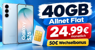 Samsung Galaxy S26 für einmalig 79€ mit 40GB Allnet Flat & 50€ Wechselbonus nur 24.99€ monatlich