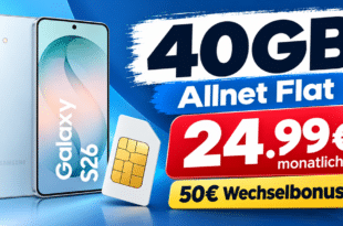 Samsung Galaxy S26 für einmalig 79€ mit 40GB Allnet Flat & 50€ Wechselbonus nur 24.99€ monatlich
