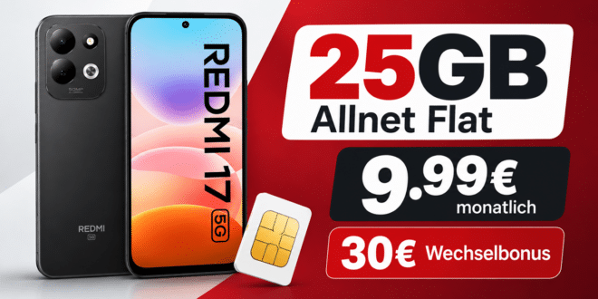 Xiaomi Redmi 17 5G für einmalig 59€ mit 25GB Allnet Flat & 30€ Wechselbonus nur 9.99€ monatlich