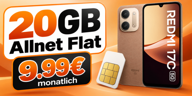 Xiaomi Redmi 17C 5G für einmalig 9€ mit 20GB Allnet Flat nur 9.99€ monatlich