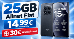 Xiaomi Redmi Note 15 Pro+ 5G für einmalig 49€ mit 25GB Allnet Flat und 30€ Wechselbonus nur 14.99€ monatlich