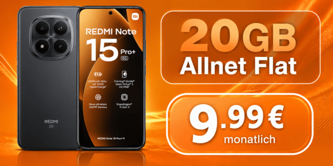 Xiaomi Redmi Note 15 Pro+ 5G für einmalig 99€ mit 20GB Allnet Flat nur 9.99€ monatlich