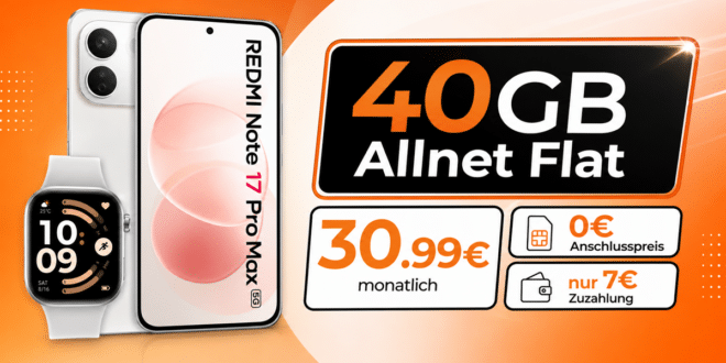 Xiaomi Redmi Note 17 Pro Max & Redmi Watch 6 mit 40GB Allnet Flat nur 30.99€ monatlich