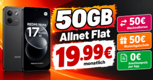 Xiaomi Redmi Note 17 Pro Max mit 50GB Allnet Flatrate & 50€ Wechselbonus & 50€ Wunschgutschein nur 19.99€ monatlich