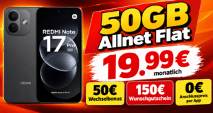 Xiaomi Redmi Note 17 Pro mit 50GB Allnet Flat & 50€ Wechselbonus & 150€ Wunschgutschein nur 19.99€ monatlich