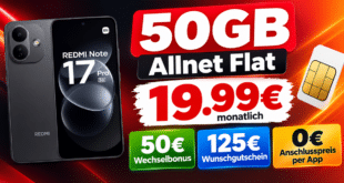 Xiaomi Redmi Note 17 Pro mit 50GB Allnet Flat & 50€ Wechselbonus & 125€ Wunschgutschein nur 19.99€ monatlich