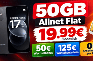 Xiaomi Redmi Note 17 Pro mit 50GB Allnet Flat & 50€ Wechselbonus & 125€ Wunschgutschein nur 19.99€ monatlich