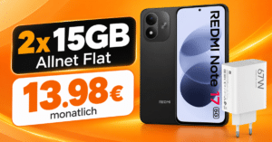 Xiaomi Redmi Note 17 & Xiaomi 67W HyperCharge mit 2x 15GB Allnet Flat nur 13.98€ monatlich
