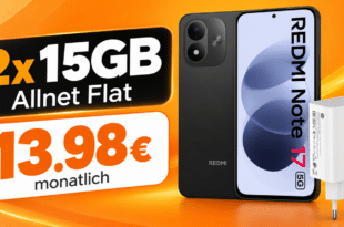 Xiaomi Redmi Note 17 & Xiaomi 67W HyperCharge mit 2x 15GB Allnet Flat nur 13.98€ monatlich