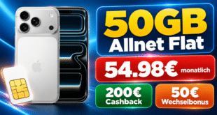 iPhone 17 Pro Max für einmalig 159€ mit 50GB Allnet Flat & 50€ Wechselbonus und 200€ Cashback nur 54.98€ monatlich