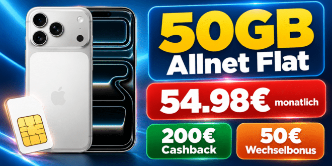 iPhone 17 Pro Max für einmalig 159€ mit 50GB Allnet Flat & 50€ Wechselbonus und 200€ Cashback nur 54.98€ monatlich