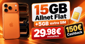 iPhone 17 Pro für einmalig 349€ mit 15GB Allnet Flat & 150€ Cashback nur 29.98€ monatlich