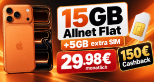 iPhone 17 Pro für einmalig 349€ mit 15GB Allnet Flat & 150€ Cashback nur 29.98€ monatlich