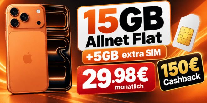 iPhone 17 Pro für einmalig 349€ mit 15GB Allnet Flat & 150€ Cashback nur 29.98€ monatlich