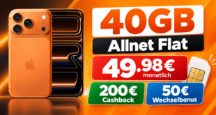 iPhone 17 Pro für einmalig 149€ mit 40GB Allnet Flat & 50€ Wechselbonus & 200€ Cashback nur 49.98€ monatlich