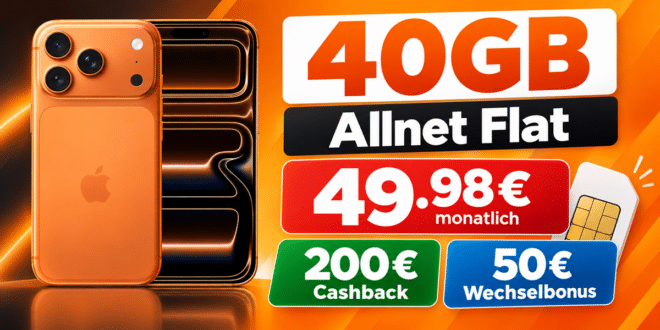 iPhone 17 Pro für einmalig 149€ mit 40GB Allnet Flat & 50€ Wechselbonus & 200€ Cashback nur 49.98€ monatlich