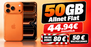 iPhone 17 Pro für einmalig 249€ mit 50GB Allnet Flatrate und 80€ Cashback nur 44.94 Euro monatlich