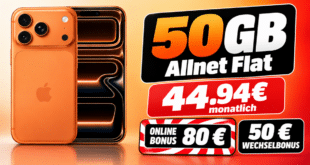 iPhone 17 Pro für einmalig 249€ mit 50GB Allnet Flatrate und 80€ Cashback nur 44.94 Euro monatlich